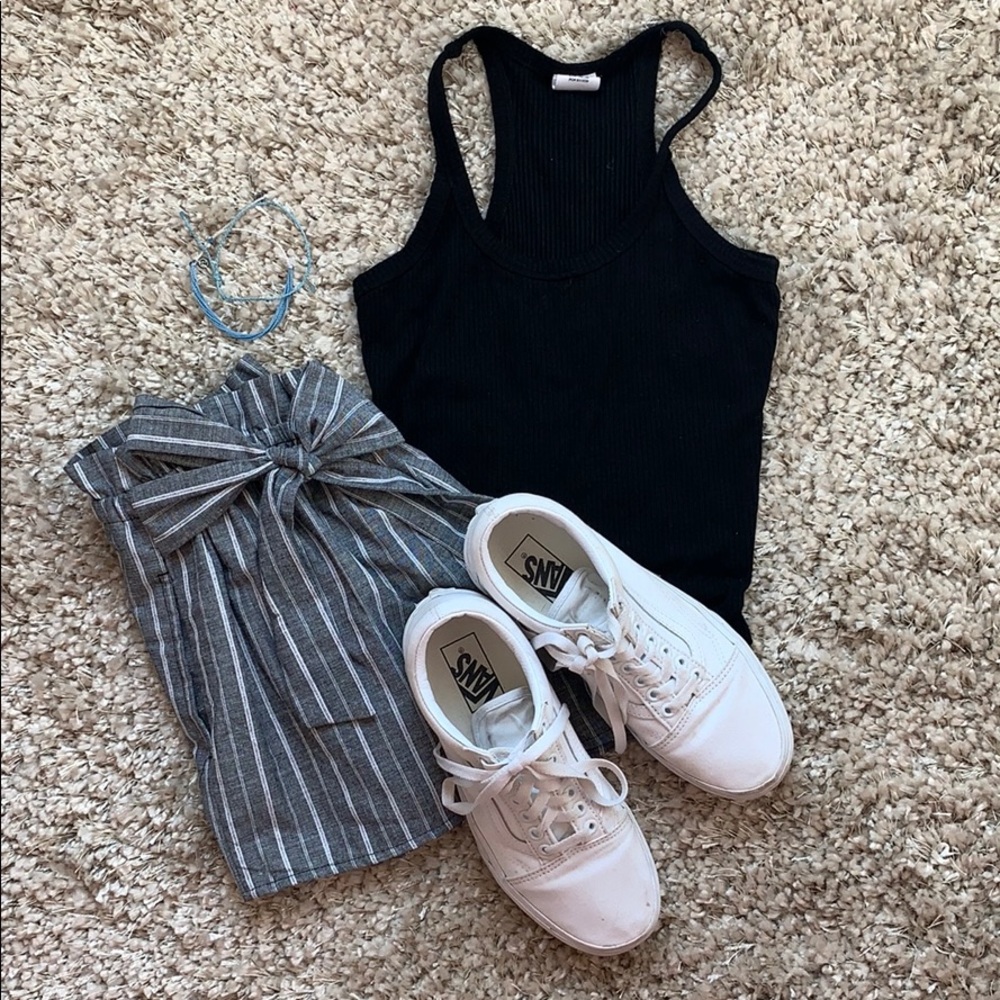 Grey and White Striped Paper Bag Shorts